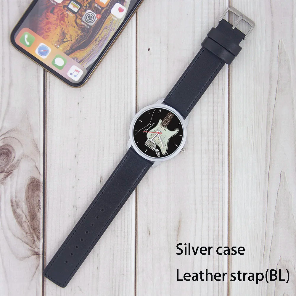 Guitar Bass Pattern Universal for Men Women Souvenir Composer Rose Gold Man Watch Silver Watches Black Bracelet Gift Clock