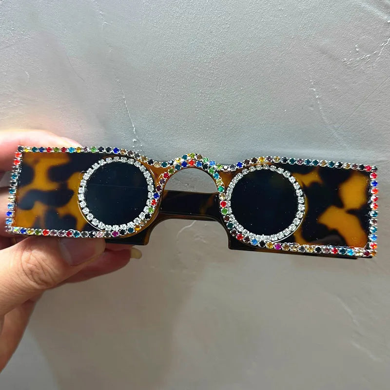 Unique Hand Diamond Square Women Sunglasses Luxury Rhinestone Small Round Lens Shades Female New Wide Legs Sun Glasses Men UV400