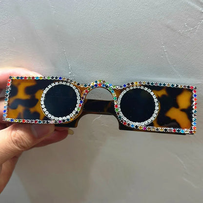 Unique Hand Diamond Square Women Sunglasses Luxury Rhinestone Small Round Lens Shades Female New Wide Legs Sun Glasses Men UV400