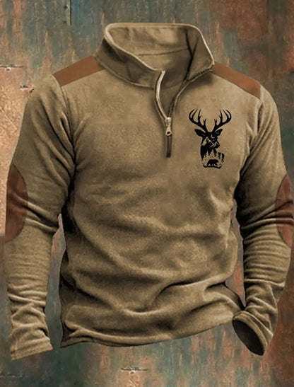 3D Printed Animal Pattern Zipper Sweatshirt For Men Vintage Elk Wolf Pattern Long Sleeve Pullover Autumn Casual Comfortable Tops
