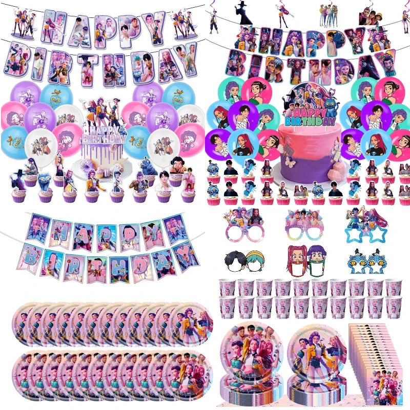 Kpop Birthday Party Decoration Tableware Set Birthday Party Supplies Balloons Cake Topper Hanging Flag Cups K-pop Party Decor