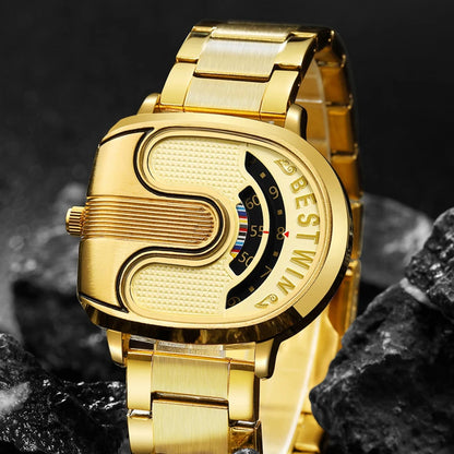 Gold Top Brand Luxury Men Watches Unique Design Stainless Steel Band Golden Dropship relogio masculino High Quality Male