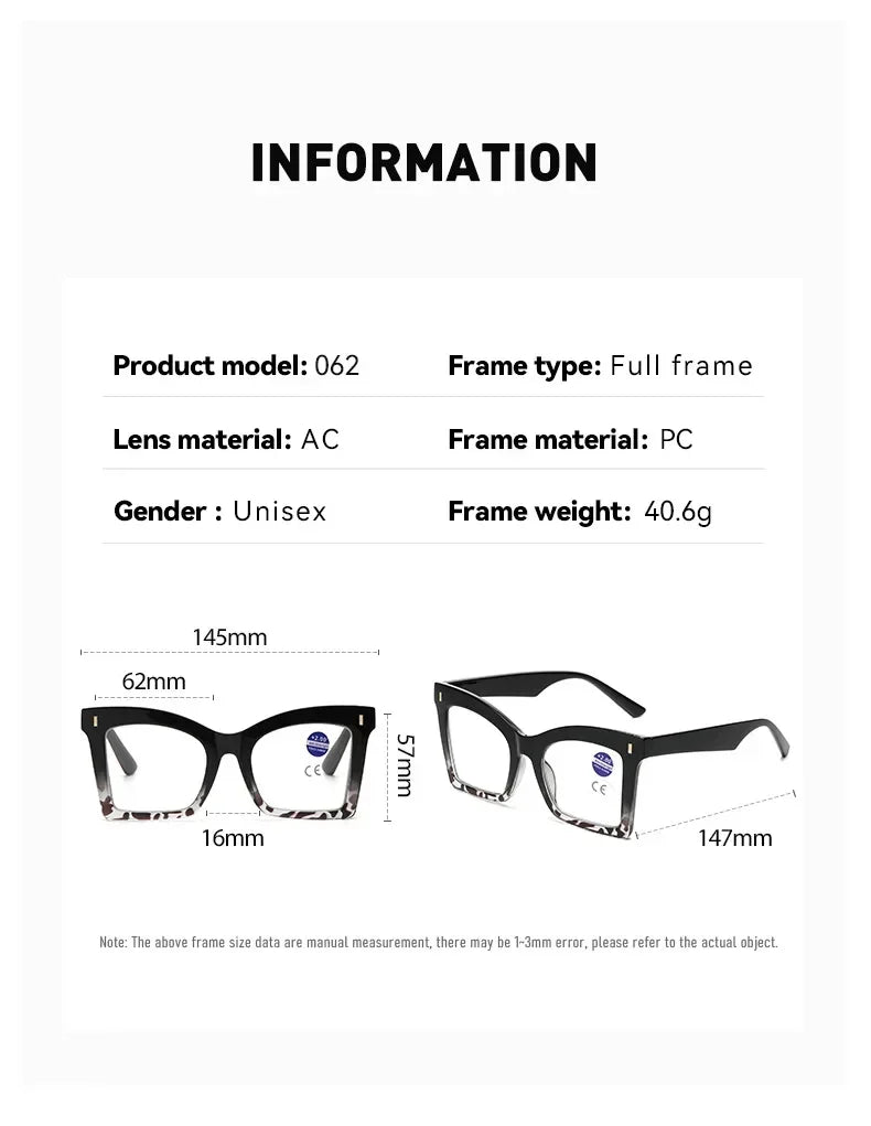2025 New Style Reading Glasses for Women Fashion Men Oversized Square Prescription Glasses Large Frame Anti-blue Presbyopia
