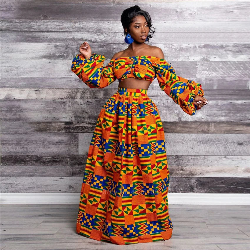 African Clothing National Print 2 Piece Set Women Sexy Slash-neck Long Sleeve Tops +High Slit Maxi Skirt Summer Casual Lady Suit