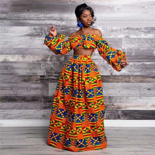 African Clothing National Print 2 Piece Set Women Sexy Slash-neck Long Sleeve Tops +High Slit Maxi Skirt Summer Casual Lady Suit