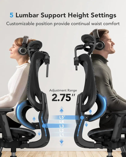 Ergonomic Mesh Office Chair with 5-Level Lumbar Support, Computer Gaming Chair with Adjustable Headrest & Armrests,, Customized