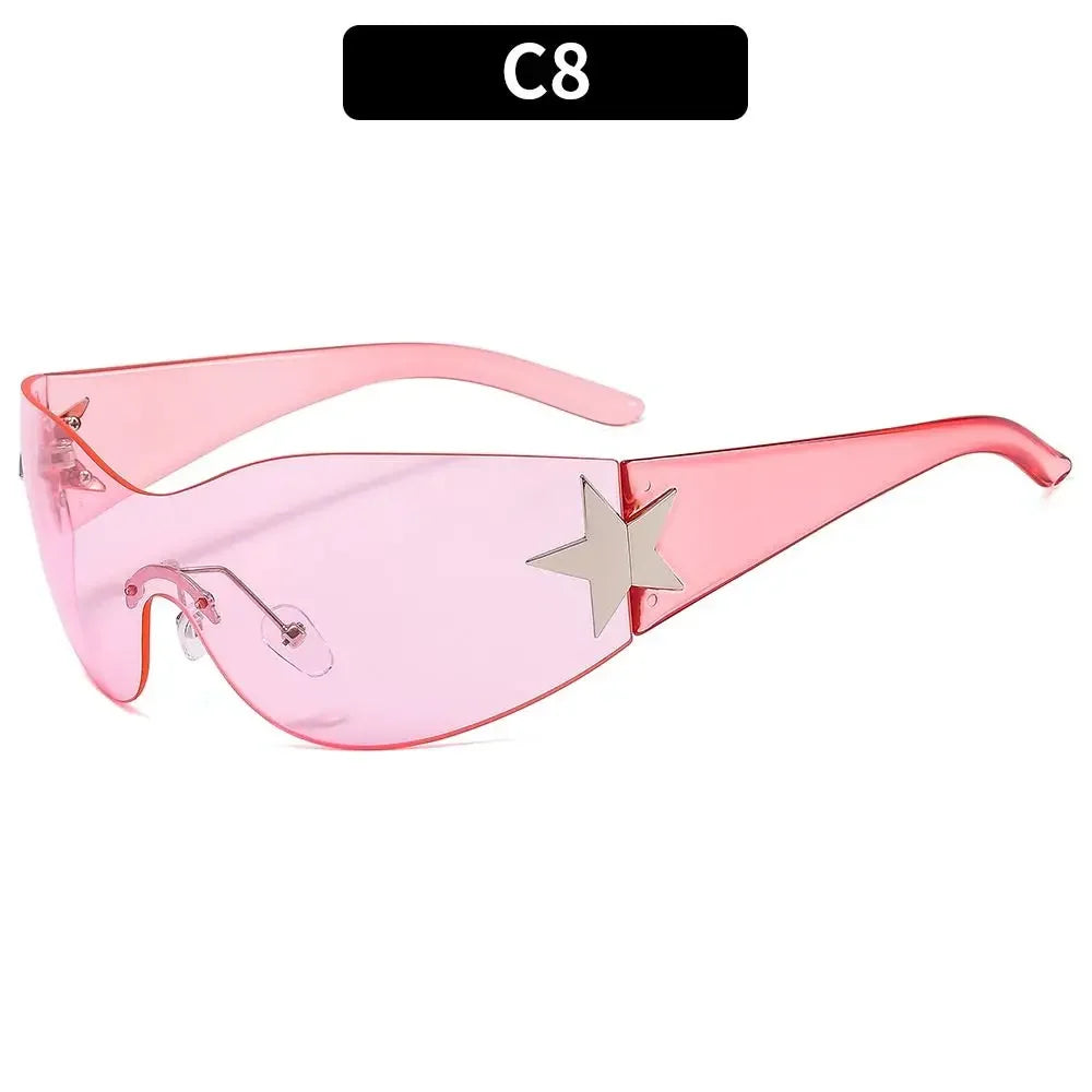 New Y2K Rimless Punk Sunglasses Goggle Women Men Luxury Brand Wrap Around Sun Glasses Five Star Eyewear Sports One Piece Shades