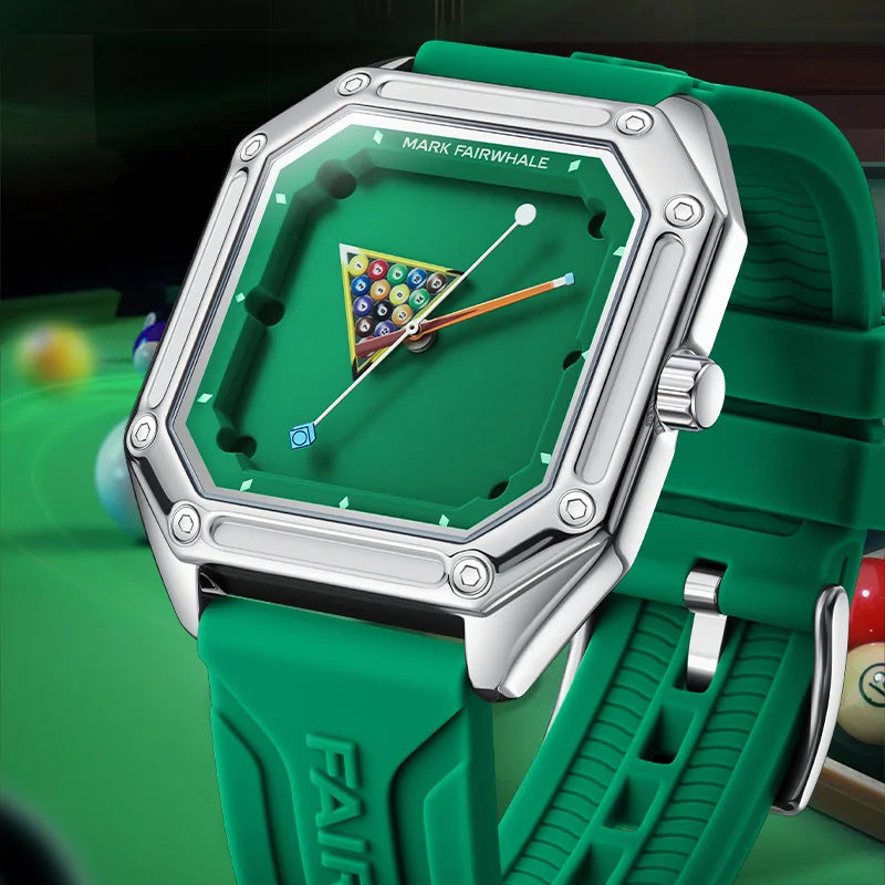 Mark Fairwhale 5047 Men Quartz Watch Square Case Luminous Billiards Dial Wristwatch Rubber Strap Watches for Men