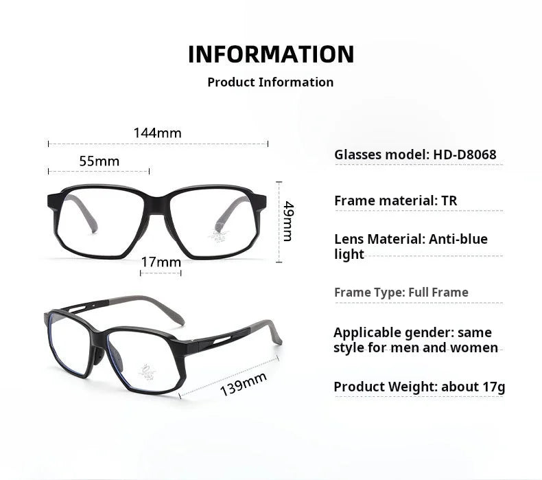 YIMARUILI New TR90 Men's Sports Cycling Glasses Ultra-light Fashion Big Size Optical Prescription Eyeglasses Frame Women HD-8068