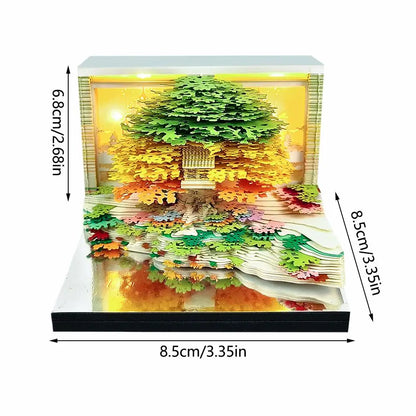 3D Calendar Sticky Notes of Flower Sea and Tree Island 2026 Unique Paper Sculpture Calendar For Desk Decor With Lights Design