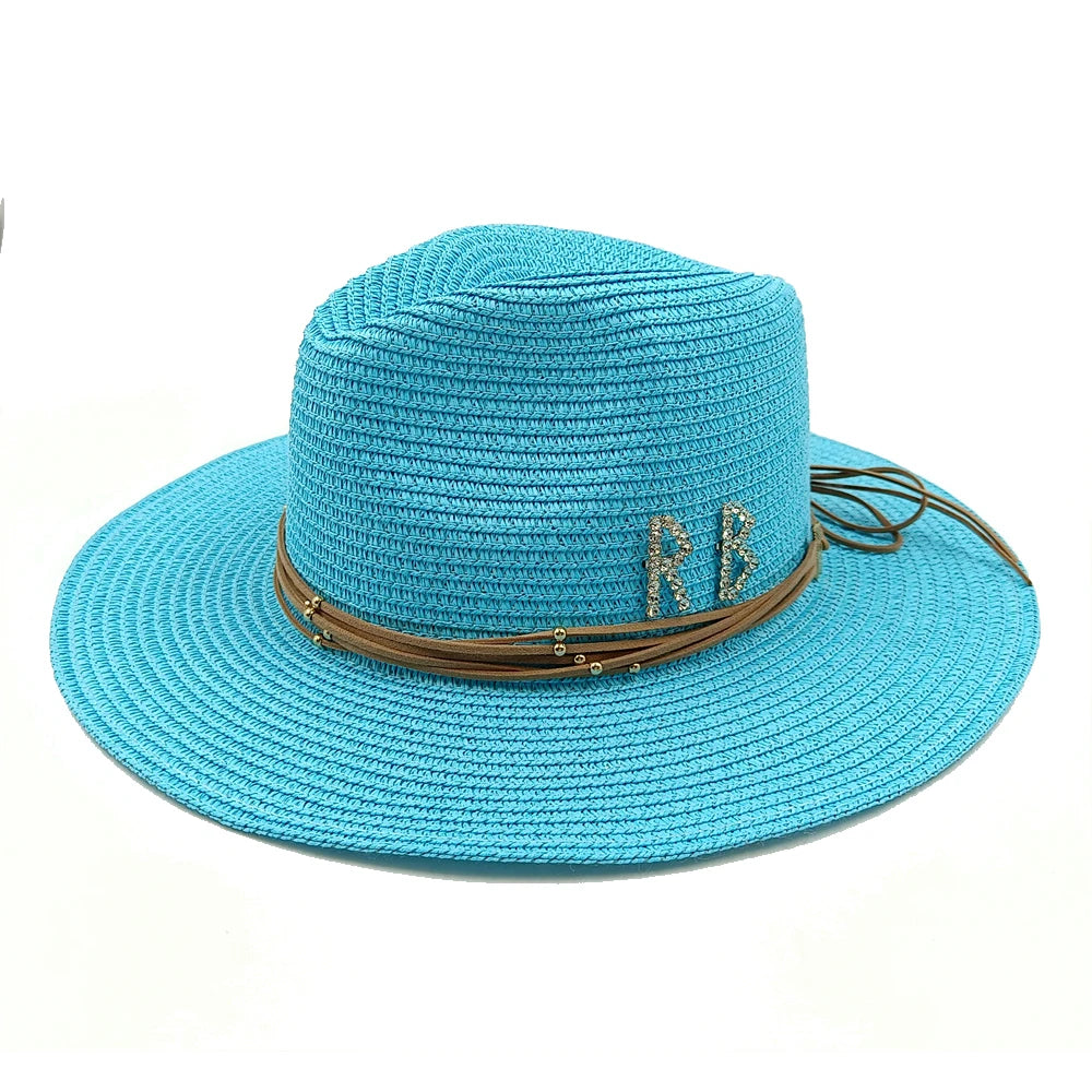 RB Rhinestone Sun Hats Women Men Summer Panama Wide Brim Straw Hats Fashion Colorful Outdoor Jazz Beach Sun Protective Cap