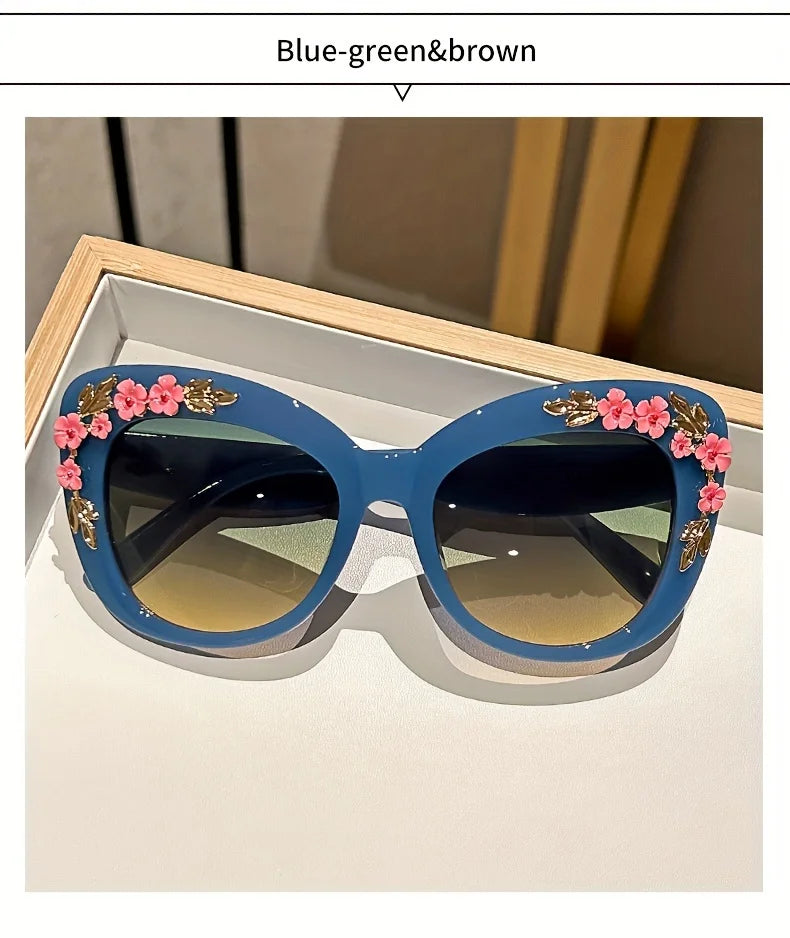 1pc Elegant Cat Eye Glasses for Women, Floral Camellia Design, Anti-Reflective PC Lens, Plastic Frame, Fashionable Beach Eyewear