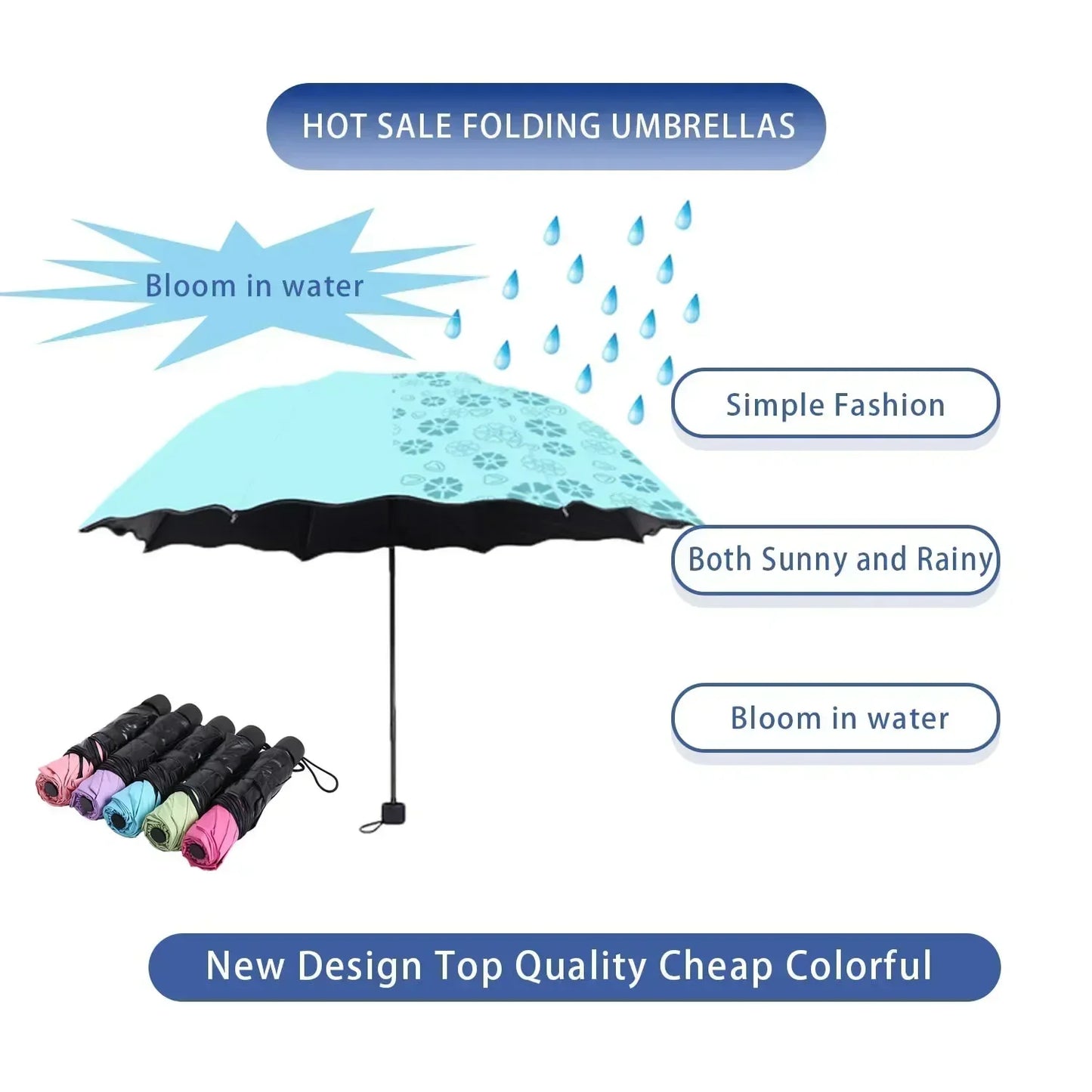 1-2PCS Portable Creative Water Flowering  Umbrella Manual  Black Coating UV Protection Sun Rain Dual Use Folding Parasol
