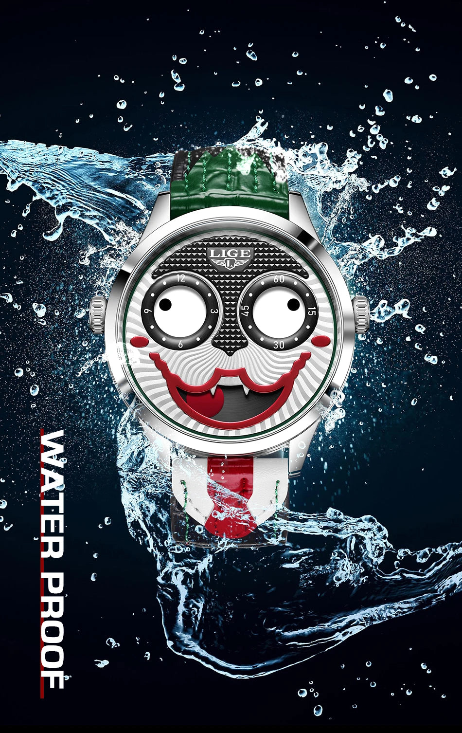LIGE Creative Joker Watch Men Clown Men's Watches Fashion Leather Strap Waterproof Quartz Wristwatches Moon Phase Clock+BOX