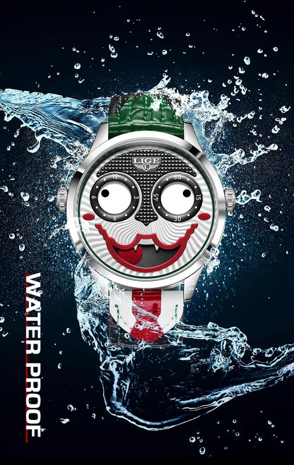 LIGE Creative Joker Watch Men Clown Men's Watches Fashion Leather Strap Waterproof Quartz Wristwatches Moon Phase Clock+BOX