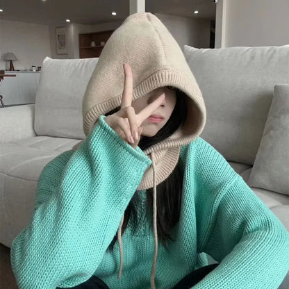 Knitted Hooded Caps Winter Balaclava Hats Women Korean Style Outdoor Warmer Drawstring Hats One-piece Neck Collar Beanies Cap