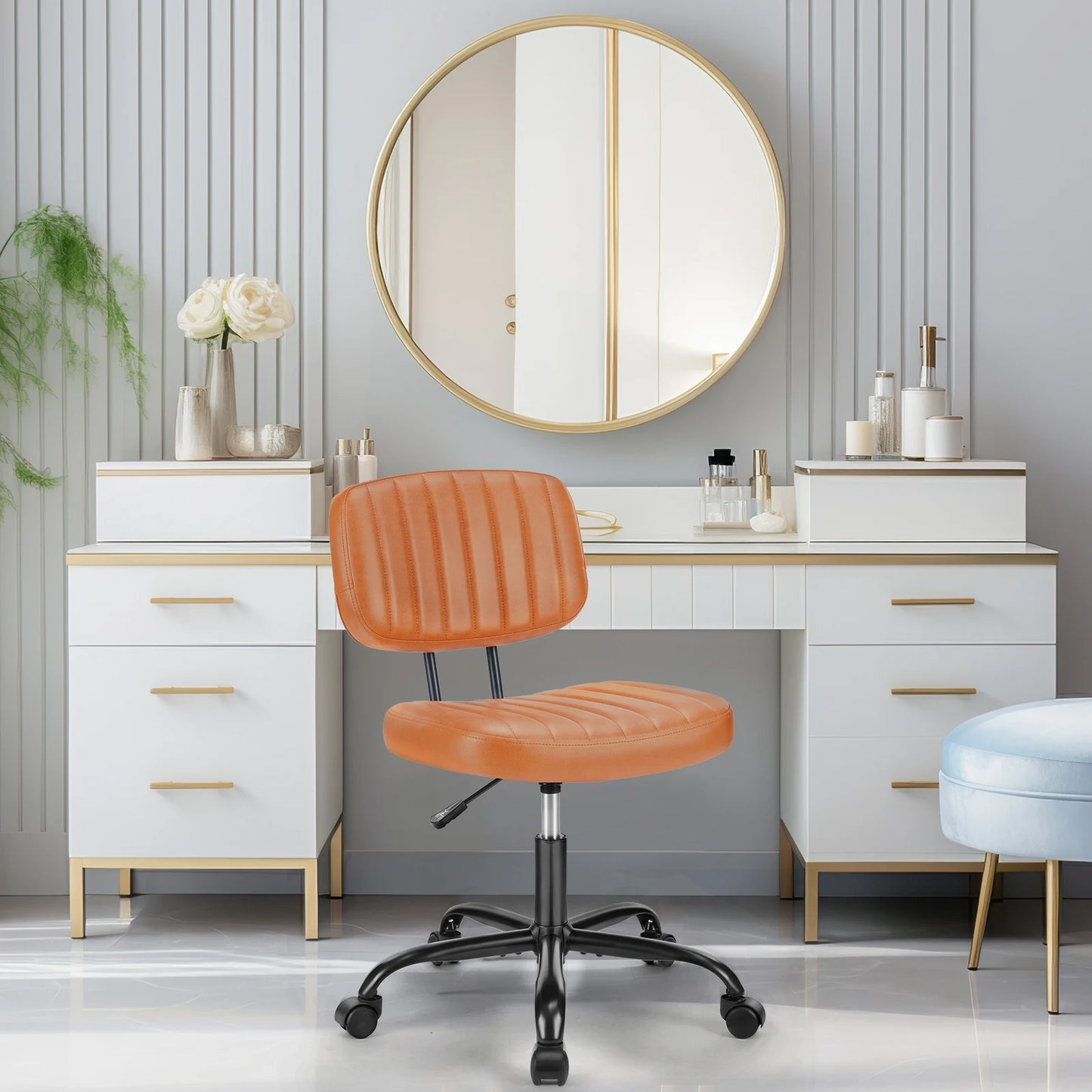 JHK Armless Office Desk Chair Back Lumbar Support Height Adjustable PU Leather Computer Chair with 360° Swivel Rolling Wheels