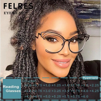 Metal Cat Eye Hollowed Out Blue Light Blocking Eyeglasses For Women Clear Lens Optical Glasses Prescription Presbyopic Glasses