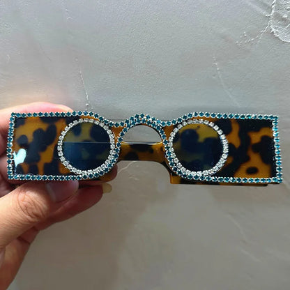 Unique Hand Diamond Square Women Sunglasses Luxury Rhinestone Small Round Lens Shades Female New Wide Legs Sun Glasses Men UV400