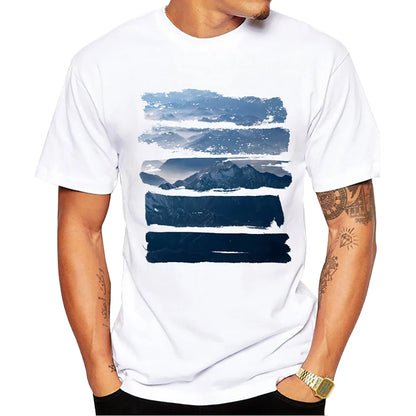 TEEHUB Mountain Sunset Brushstrokes Men T-Shirt African Safari Sunset T Shirts Short Sleeve Tshirts Geometric Harajuku Tee