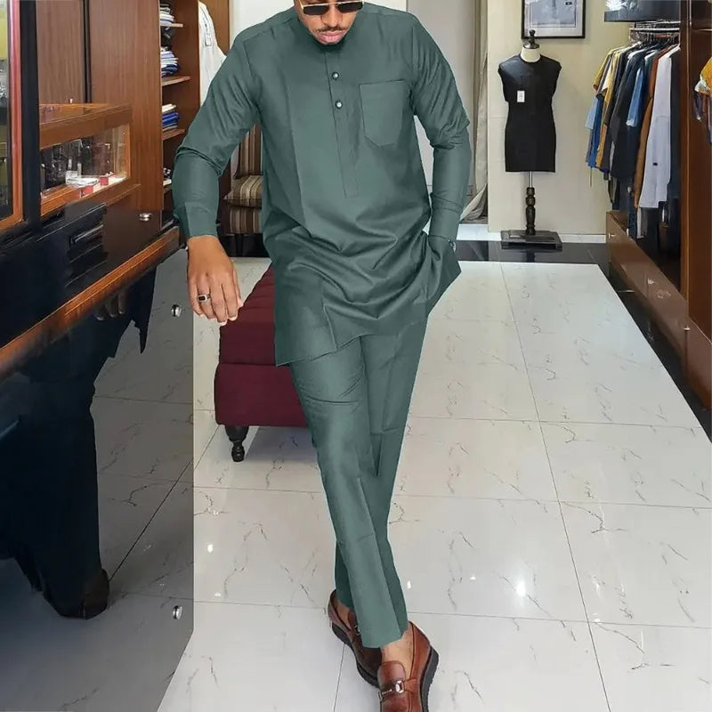African Muslim Men Wedding Suit 2 Piece Set Long Sleeve Round Neck Top and Pants Traditional Style