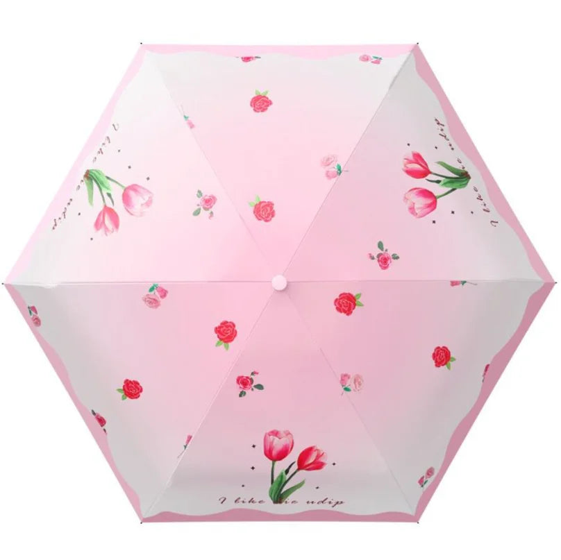 Mini Foldable Fruit Pattern Umbrella UV Resistant Heart-Shaped Handle Sunshade Rain Umbrella for Women