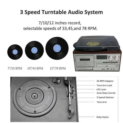 Classic Retro Multifunction 10-in-1 Gramophone Vinyl Record CD Player Tape Radio Speaker Gramophone