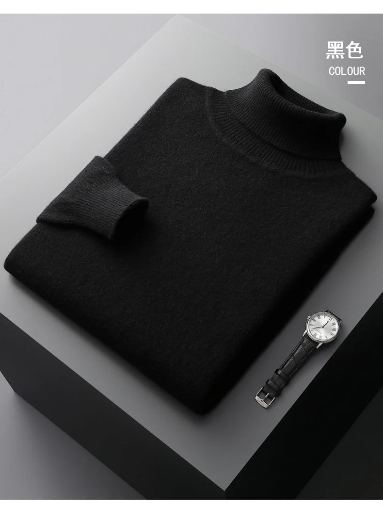 Autumn and winter new 100% pure merino wool pullover men's turtleneck cashmere sweater thickened warm  loose solid color top
