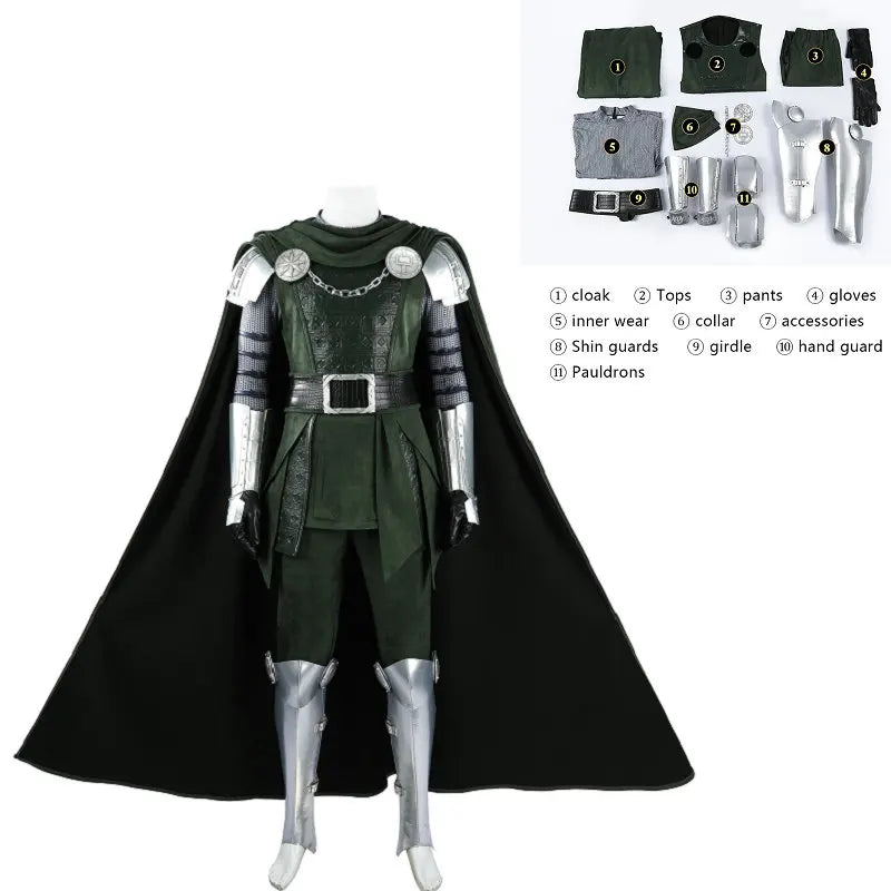 Doctor Doom Cosplay Costume Green Suits Silver Mask Silver Boots