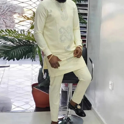 African Muslim Men Wedding Suit 2 Piece Set Long Sleeve Round Neck Top and Pants Traditional Style