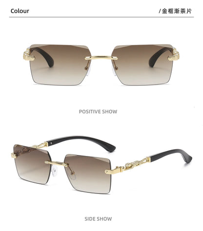 Retro Rimless Square Sunglasses For Men Cut Edge UV400 Leopard Decorative Shades Gradient Lens Sun Glasses for Women