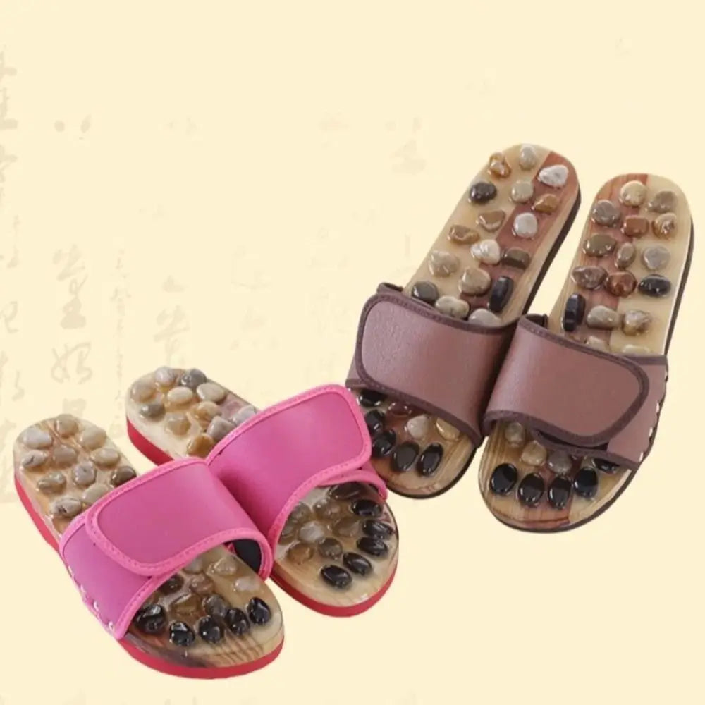 Natural Pebbles Acupressure Massage Slippers Feet Care Rotating Massage Stone Sandals Anti-slip Adjustable Foot Massager Shoes
