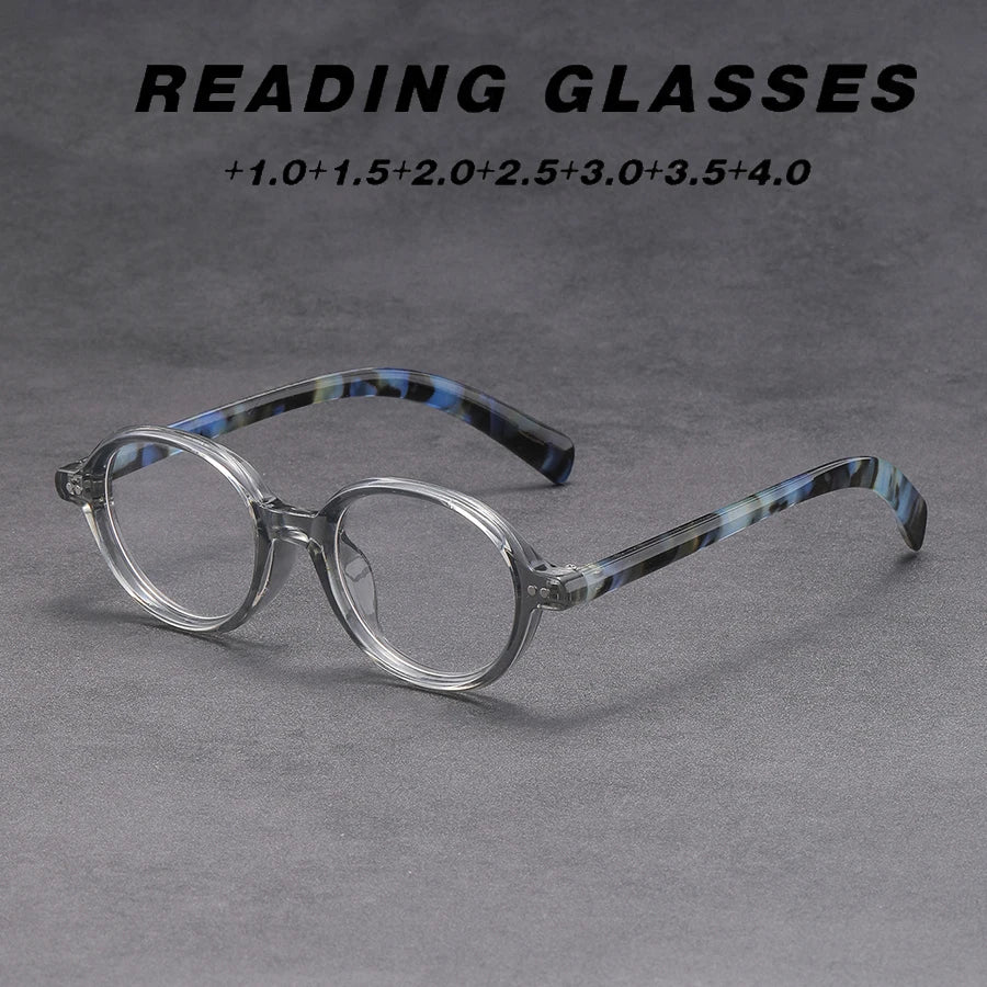 Clear Round Reading Glasses Blue Tortoise Temple Presbyopic Eyewear +1.0 to +4.0 Unisex Lightweight Magnifier for Men Women