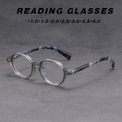Clear Round Reading Glasses Blue Tortoise Temple Presbyopic Eyewear +1.0 to +4.0 Unisex Lightweight Magnifier for Men Women