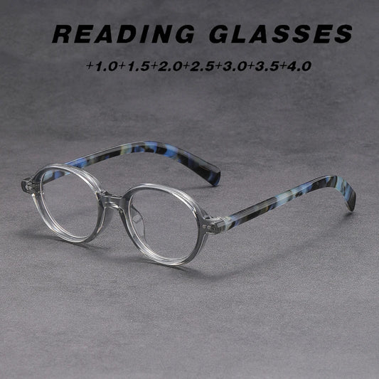 Clear Round Reading Glasses Blue Tortoise Temple Presbyopic Eyewear +1.0 to +4.0 Unisex Lightweight Magnifier for Men Women