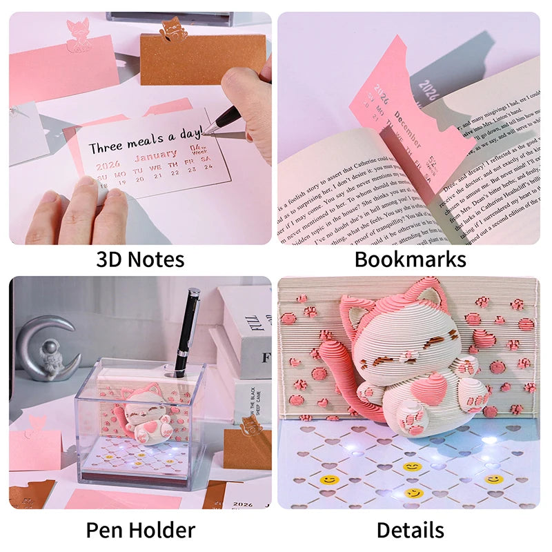Time Piece Calendar 2026 Desk Calendar With LED Light 3D Tear-away Calendar Paper Carving Art Memo Pad Notepad Gift Christmas