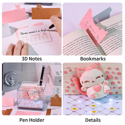 Time Piece Calendar 2026 Desk Calendar With LED Light 3D Tear-away Calendar Paper Carving Art Memo Pad Notepad Gift Christmas