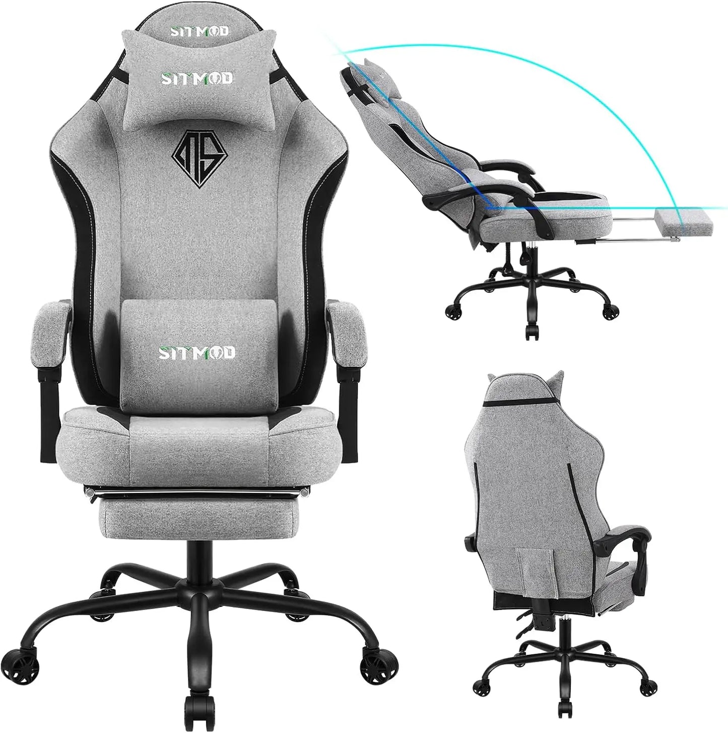 Gaming Chair, Video Game Chairs for Adults with Footrest High Back Headrest Lumbar Support Fabric Office Computer Desk Chair