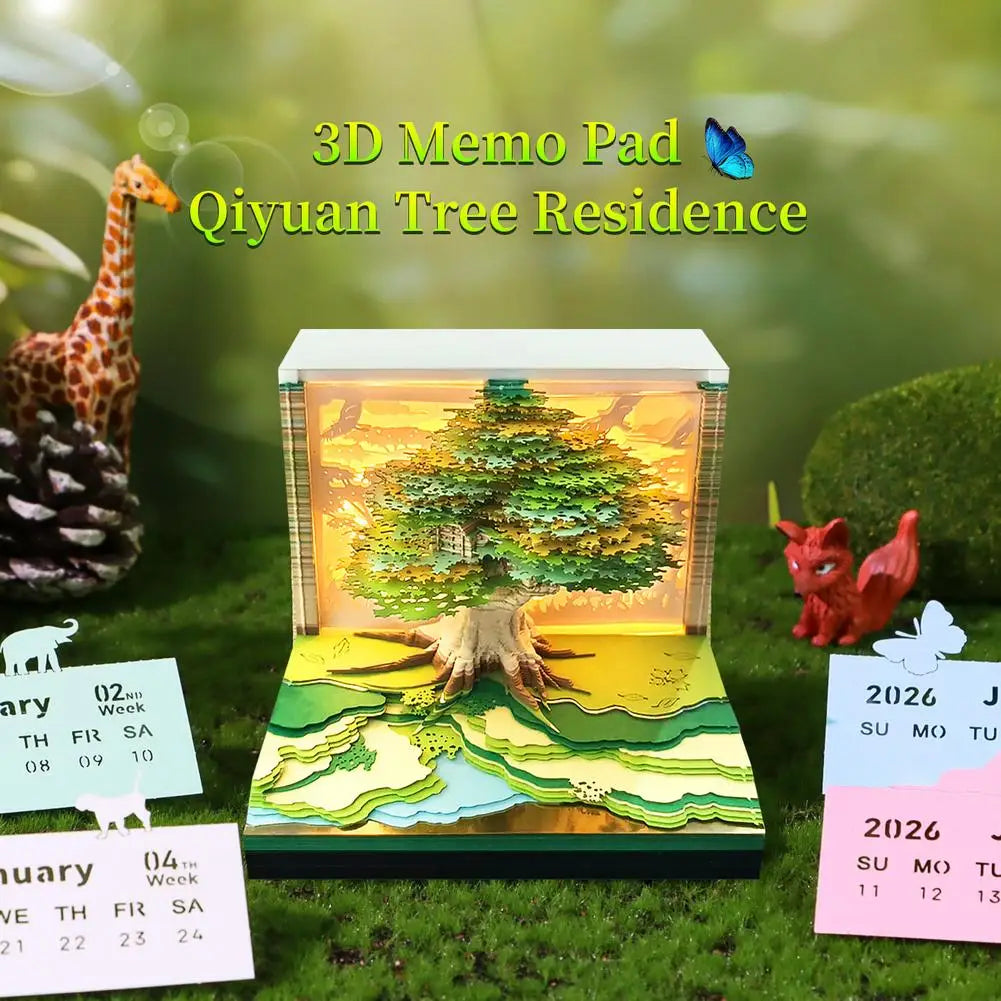 2026 Luminous English Calendar 3D Hand Torn Notebook Paper Carving Treehouse Design Creative Desktop Decoration Ornaments