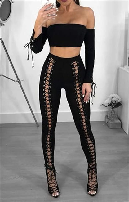 Women Lace Up Pants Chic Punk Skinny Legging Pants Slimming Trousers Gym Hole and Bandge