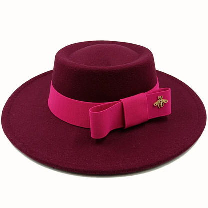 Bow Tie Fedora Hat Winter Round Bumpy Surface Flat Top Bow Tie Elastic Band Men's and Women's Red Jazz Hat Fedora