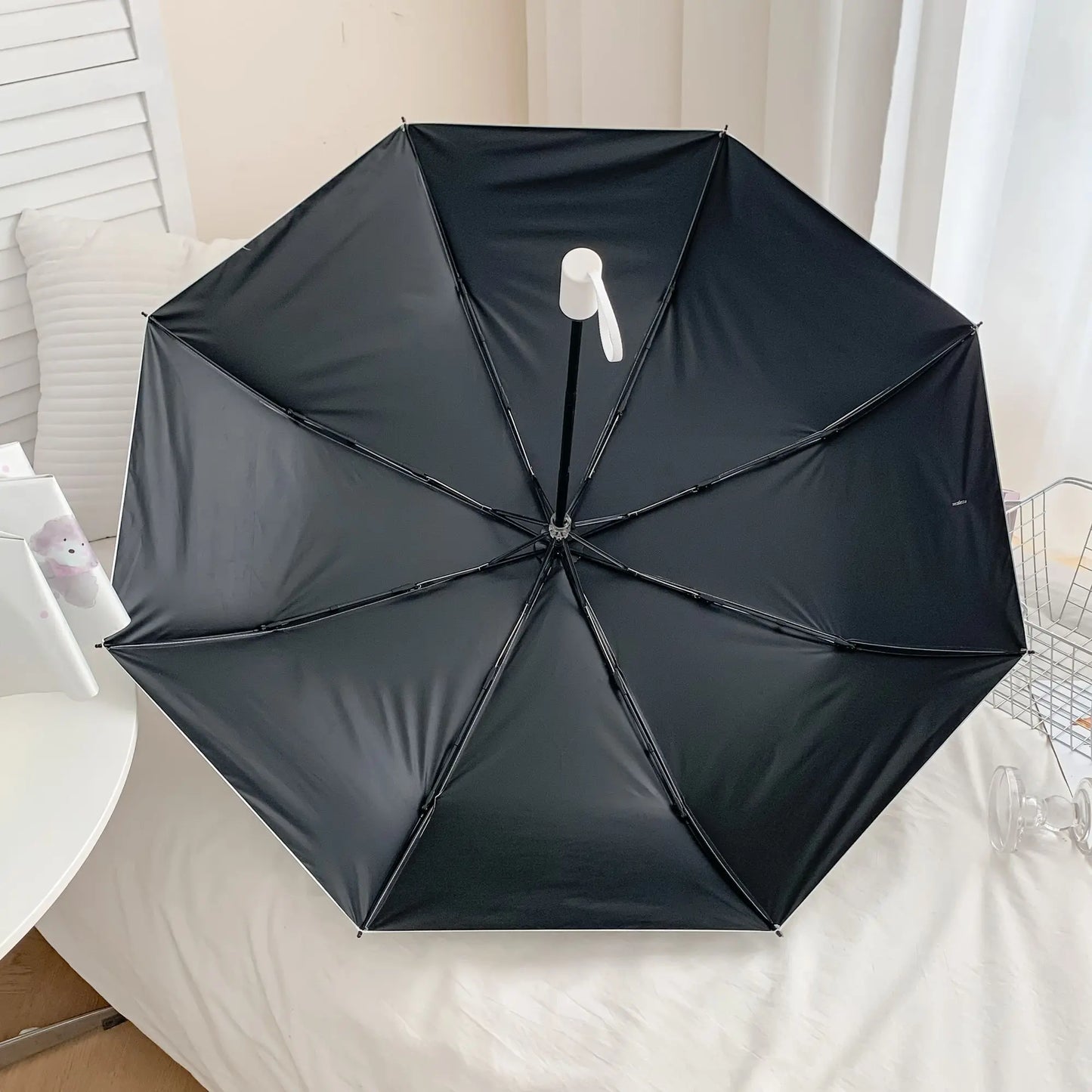 Black and white cat auto umbrella for sun and rain; cute portable sunshade with UV protection; black rubber folding sun umbrella