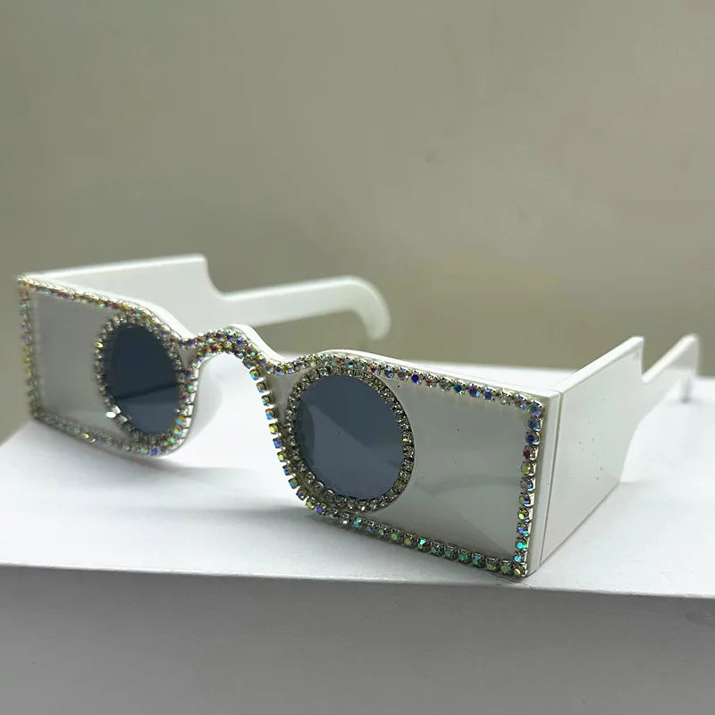 Unique Hand Diamond Square Women Sunglasses Luxury Rhinestone Small Round Lens Shades Female New Wide Legs Sun Glasses Men UV400
