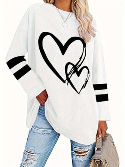 Plus Size eyelet hollow solid  heart-shaped printed long-sleeved top autumn and winter women's casual T-shirt with light stretch