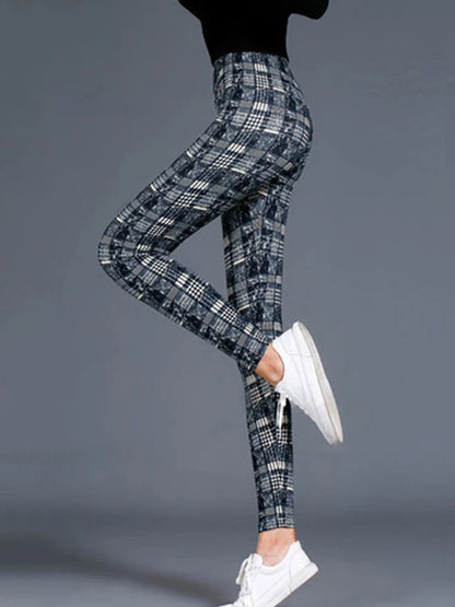 CUHAKCI Fashion Plaid Printing Leggings Women Sexy Fitness Leggins Grid Floral Stripe Trousers High Waist Pencil Pants