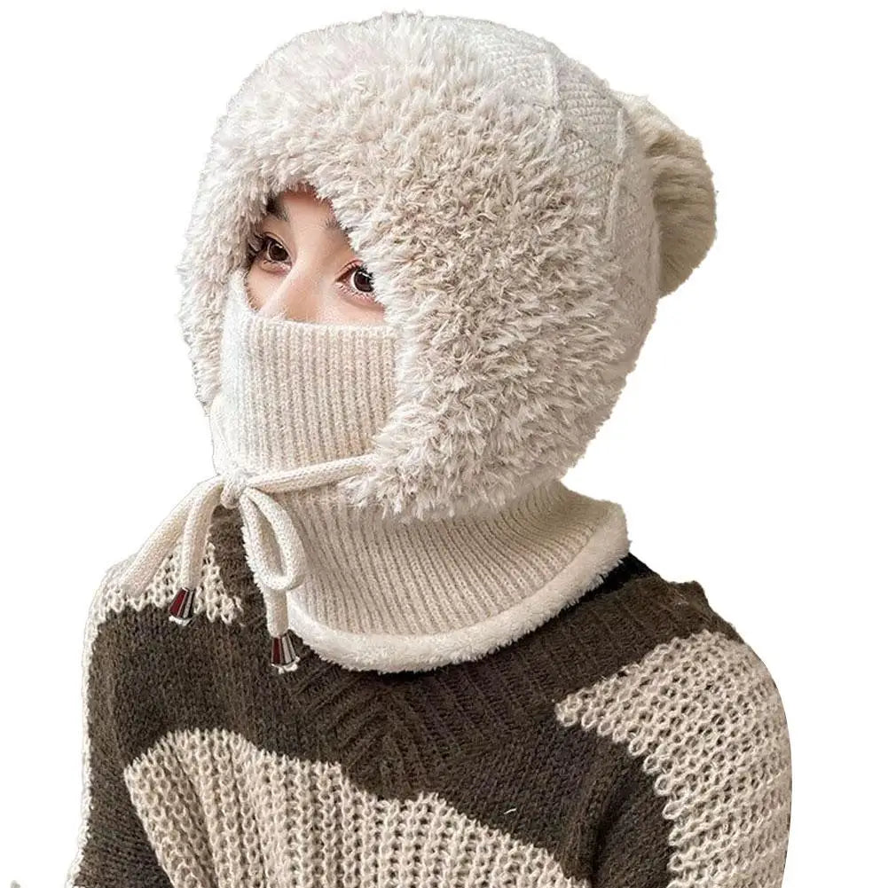 Women Winter Velvet Knitted Woolen Balaclava Hat Ear Protection fluffy Hat Mask Neck Integrated Warmth Cover Hat lady hooded cap