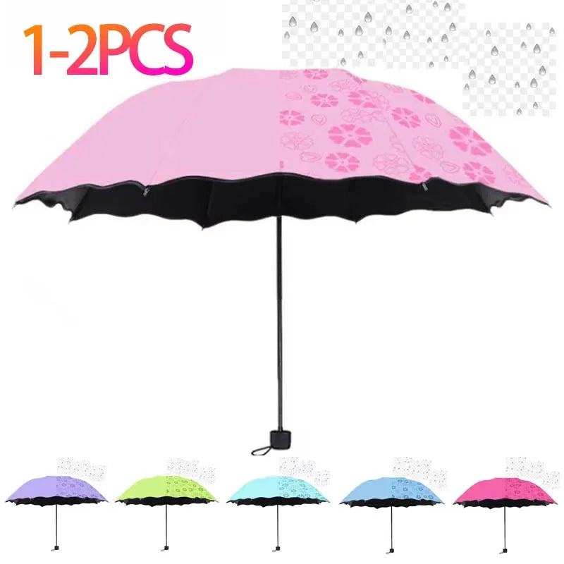 1-2PCS Portable Creative Water Flowering  Umbrella Manual  Black Coating UV Protection Sun Rain Dual Use Folding Parasol