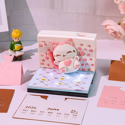 Time Piece Calendar 2026 Desk Calendar With LED Light 3D Tear-away Calendar Paper Carving Art Memo Pad Notepad Gift Christmas