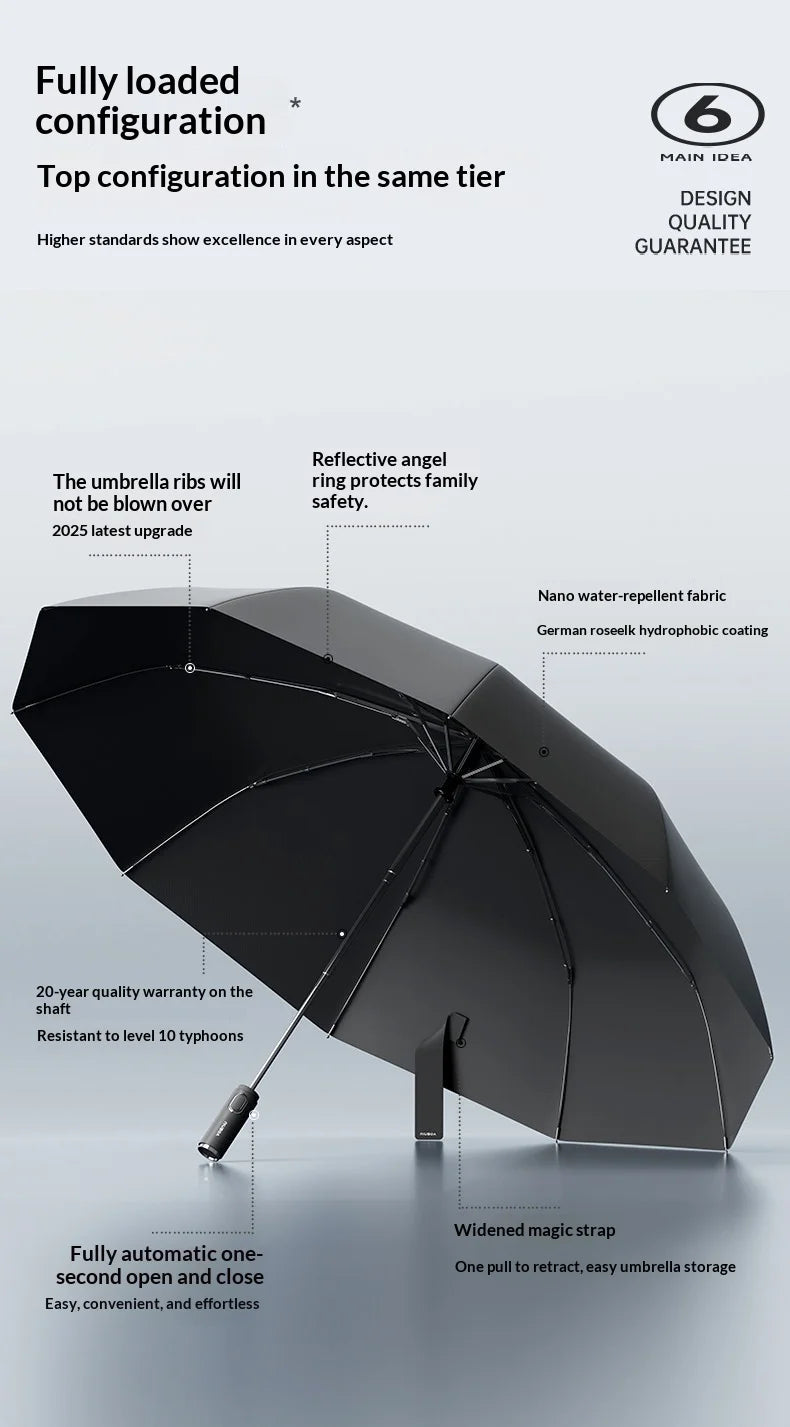 Fully automatic extra-large umbrella, thickened, reinforced, windproof, designed for heavy rain, reverse folding umbrella