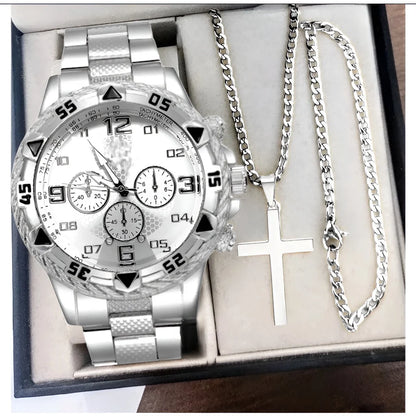 Kegllect Men Steel Band Quartz Watch  Digital Scale Wristwatch Necklace Bracelet Set